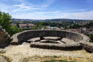 Château-Thierry, France - View of the city from a tower of the old rampart of the fortified wall surrounding the ruined of the castle on top of the hill.